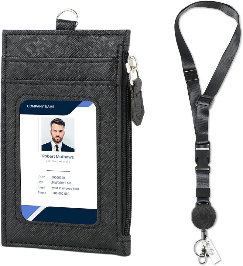 DELSWIN Badge Holder with Retractable Lanyard, PU Leather ID Badge Card Holder with 1 ID Window, 4 Card Slots, 1 Side Zipper Pocket, and Adjustable Neck Strap - Image 1